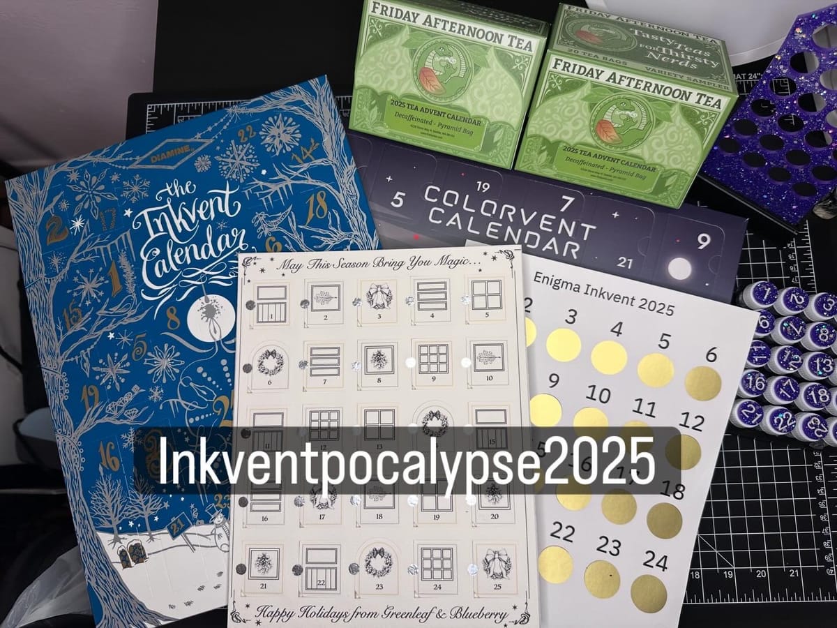 A pile of 5 different advent calendars on a desk with an instagram title over it saying “inkventpocalypse 2025”