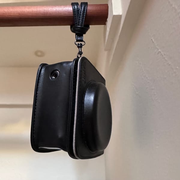 Black pleather case for an Instax camera (ostensibly containing an Instax camera) hung up by the black hand strap on a dark wooden rod in a landlord special thick white painted closet.