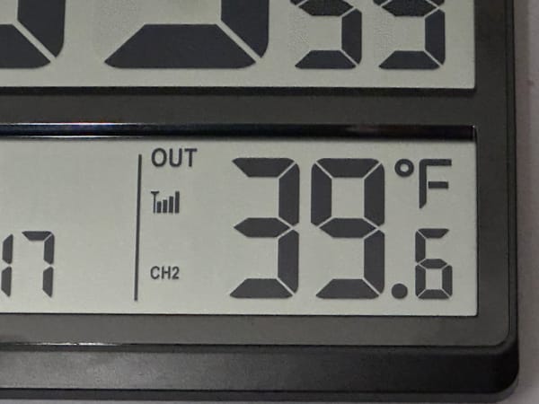 Cropped image of a digital display of the Outside temp: 39.6°F